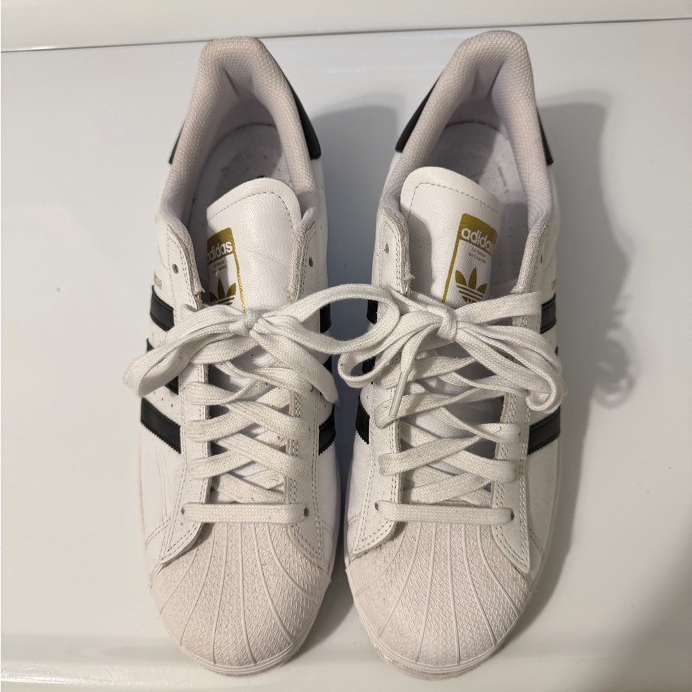 Adidas Superstar ADV White Sneakers with Black Stripes and Gold Accents - Picture 9 of 10
